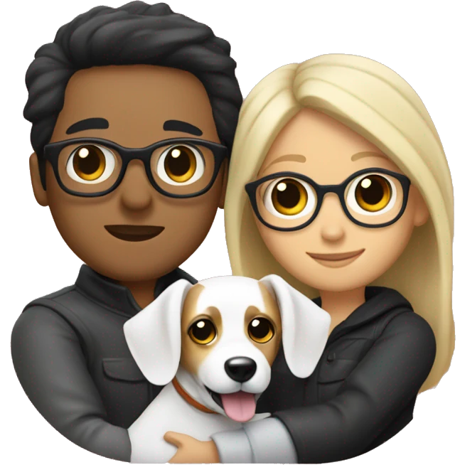 A couple cuddling a jack Russell, the men have black hair and glasses and the woman is blonde but without glasses  emoji