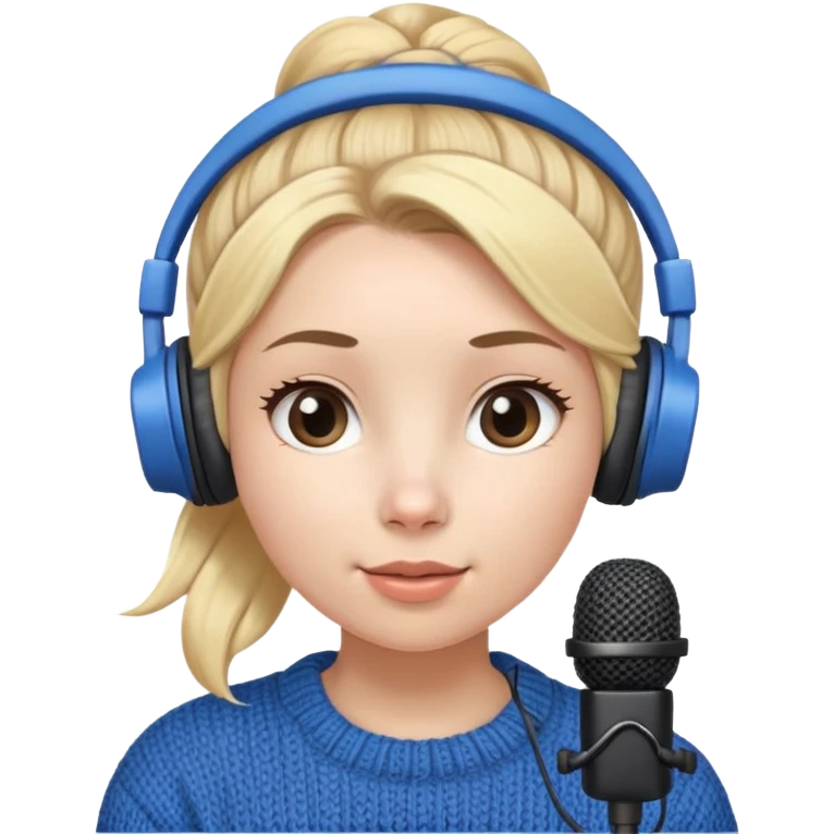 a cute face girl have bright white skin
and small and natural lips with
blue knitwear with a blonde one hair
bun and she is a podcaster in her
school. with recording microphone in
front of her not held and a headphone
in her head emoji