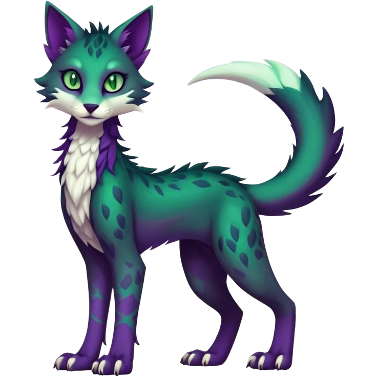 Kawaii dark edgy dark deep purplish with dark green eyes fantasy feline-vernid-sergal-fursona animal creature with a tufted tail full body with intricate markings  emoji