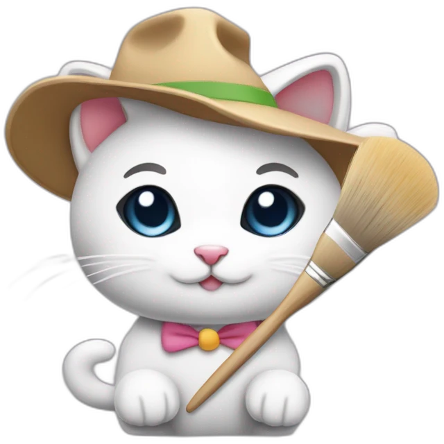 Kawaii cat artist in hat holding palette and brush so it can be used as a mouse cursor emoji