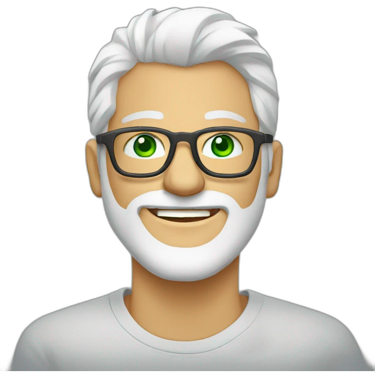 Man-white hair- glasses- green eyes- smiling-with-white-beard-tshirt-grey emoji