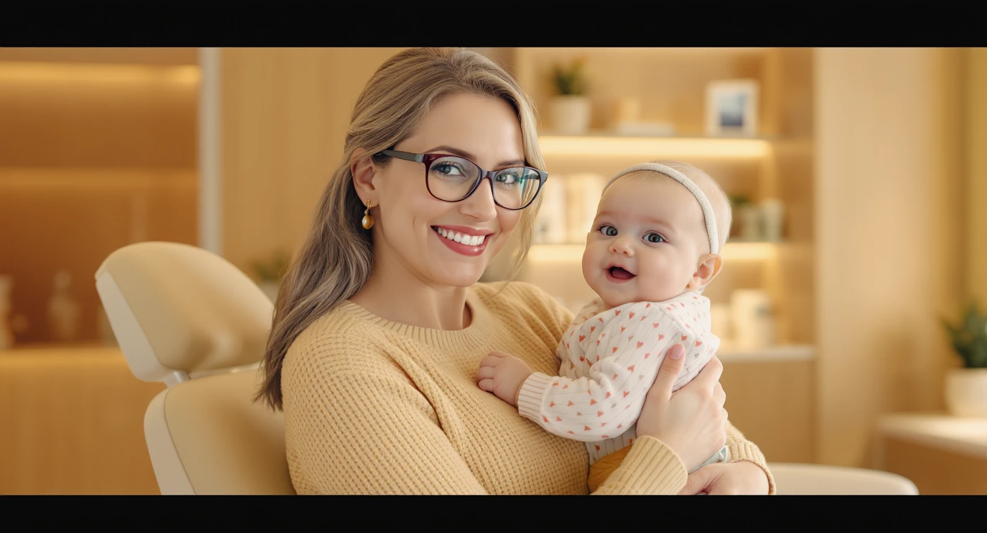 Cinematic still, Proffesional advertising of a smiling european white woman with glasses smiling holding baby, minimalistic ophthalmologist interior in background, leading  lines, "rule of thirds", 60/30/10 colors, soft light, warm colors, Layered composition emoji