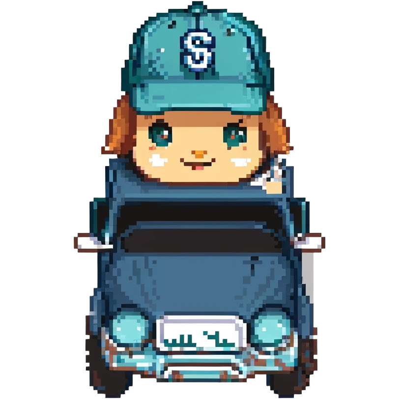 pixel art, cute dump truck, navy blue and teal green, Mariners baseball cap emoji