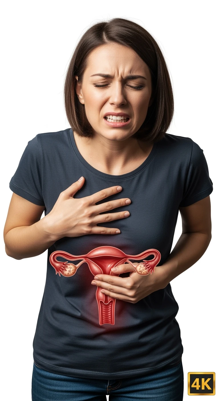 donna con utero umano realistico in evidenza dolorante, espressione di dolore in volto, sfondo bianco, non farla computerizzata, ma iperrealistica 4k emoji