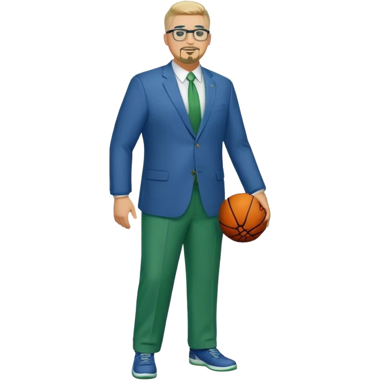 Full Body white male plus size wearing glasses with a goatee with light blonde and gray very short hair happy basketball head Coach in blue and green suit emoji