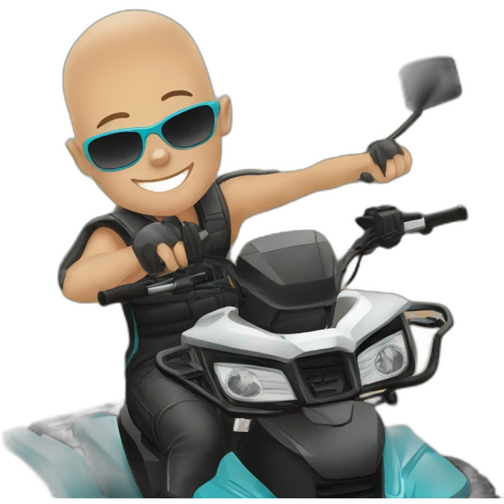 Young man on atv quad cfmoto, no hair, sunglass emoji