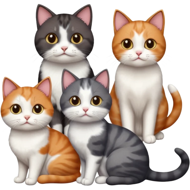 5 different coloured short haired cats including; a dark brown and white cat, and a dark grey and white, and a calico emoji