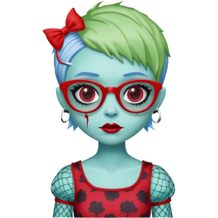 Ghoulia yelps monster high doll in scene/emo style cherry print dress with fishnet sleeves, clothes, thin, small, red, rectangle glasses, pale white-blue skin, pale-green pixie-cut, zombie scars emoji