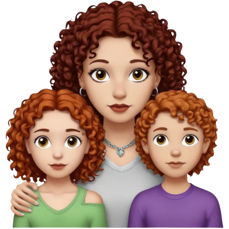 Create a family. A young hot mom. She is an alt girly with dark curly hair, an eyebrow piercing, and a nose ring. Her two teenage kids are gay girlies. One has shoulder length auburn hair and has an eyebrow ring. The other has short bleached curly hair, bleached eyebrows and a lip ring emoji