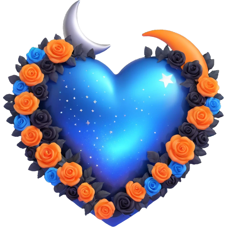 3D emoji gothic heart, midnight blue glass, silver crescent moon, tiny black roses, shimmering stardust, holographic shimmer, confetti burst, glowing blue aura emoji