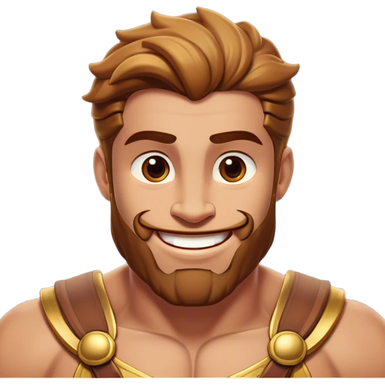 Cinematic Realistic Hercules Portrait, head tilted playfully and inquisitively, showcasing his formidable build softened by a warm, inviting smile. His eyes sparkle with a sense of mirth and determination, while his detailed attire and natural highlights capture the essence of a mighty hero with a friendly spirit. emoji