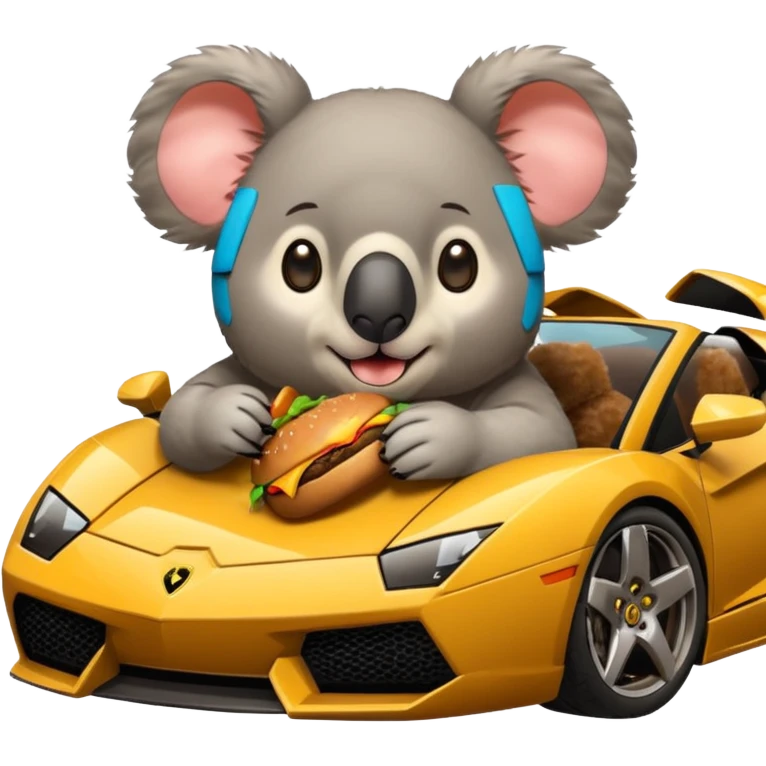 Ein Koala im Lamborgini während er einen Burger isst emoji