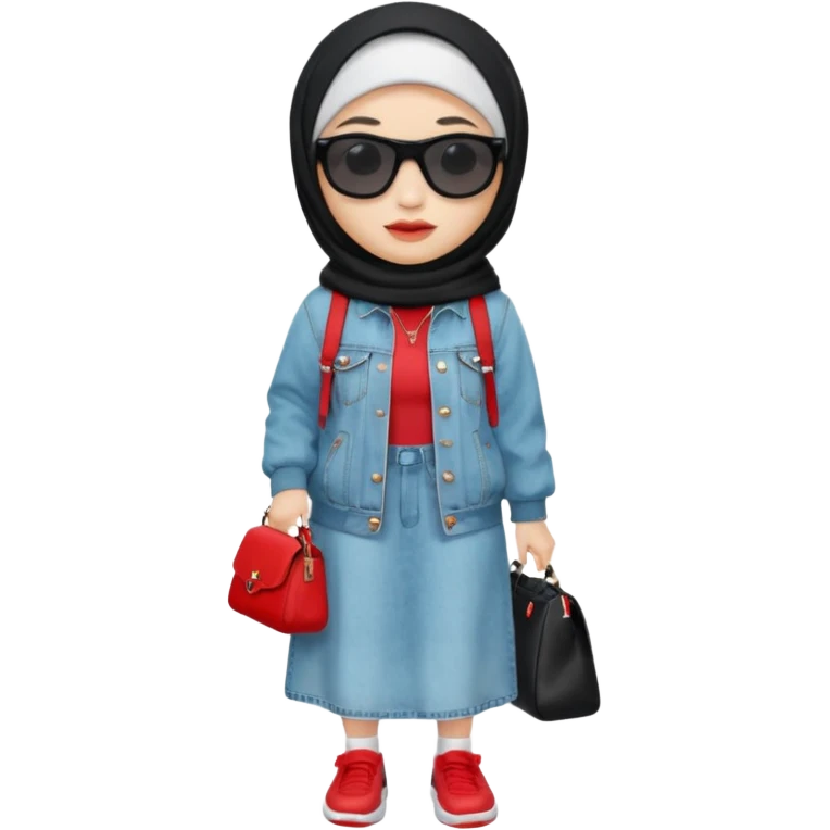 female memoji character, iPhone style, wearing black hijab, white long dress, oversized light blue denim jacket, white socks, black shoes with red detail, black shoulder bag, sunglasses on head, cute expression, no background, transparent PNG emoji
