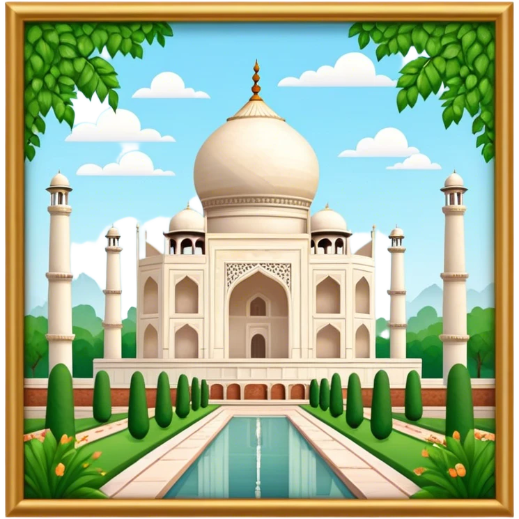 Cinematic Realistic Taj Mahal Landmark Emoji, depicted as the iconic marble mausoleum set amidst lush gardens rendered with intricate detail and ethereal, soft lighting. emoji