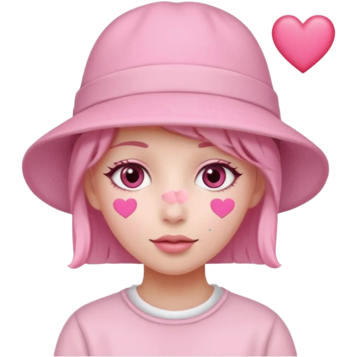 a pastel pink skin love face emoji with pink hearts in the eyes, pink simple hat on emoji