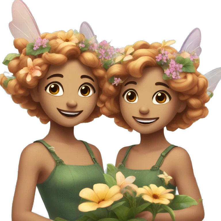 two fairies flying, beautiful, flowers in hair, smiling, aesthetic emoji