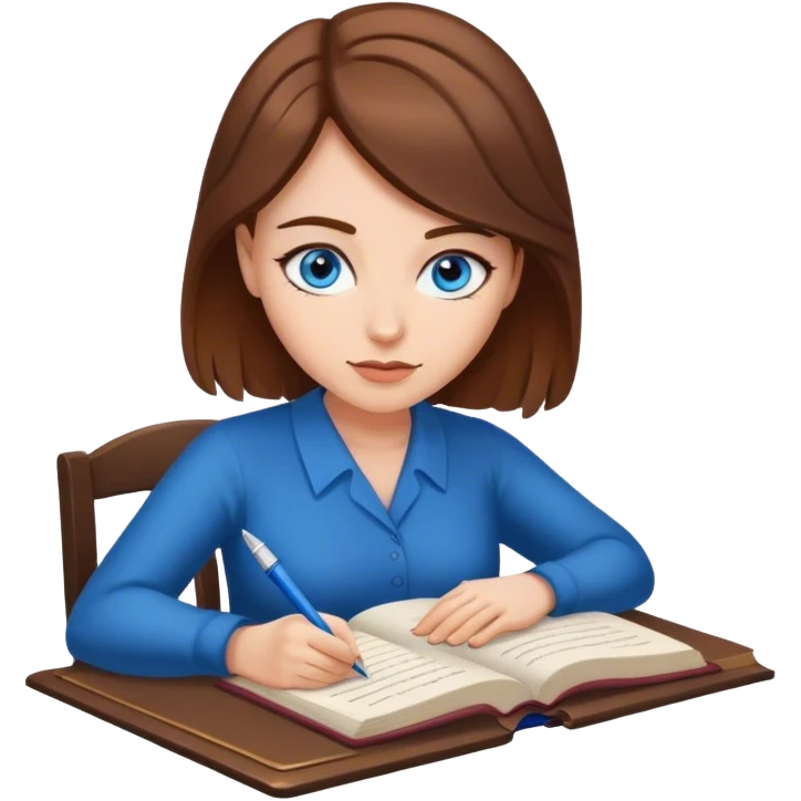 escritora mulher, romantica, de cabelos castanhos, pele clara e olhos azuis escrevendo um livro  emoji
