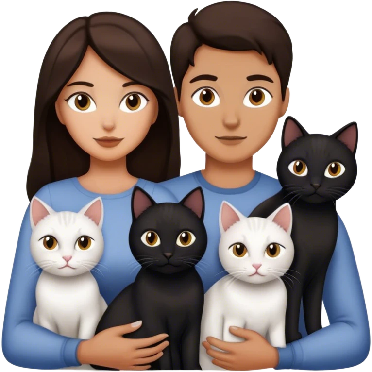brunette woman and a man with four cat, one is black one is full white the other two is full gray cats emoji