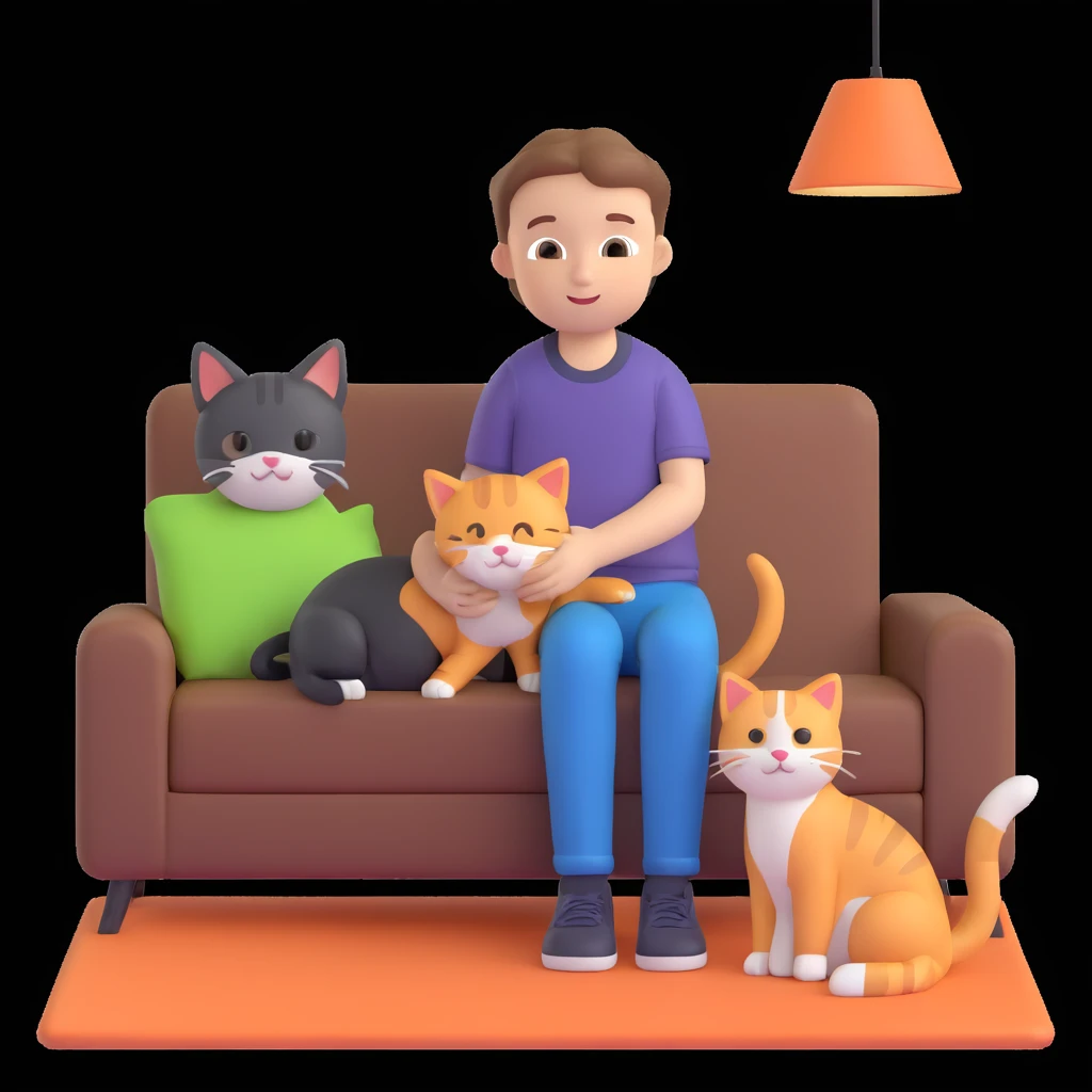 boy and cat pet, living room background emoji