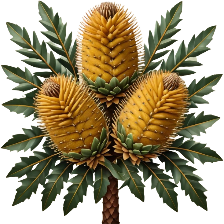 Cinematic Realistic Banksia Emoji, Bold and striking, with spiky, cylindrical flower heads covered in rich golden hues. The leaves are thick and leathery, adding a sense of strength to this unique and iconic tree. Soft glowing outline, capturing the essence of Australian ruggedness and floral beauty in a distinctive banksia tree! emoji