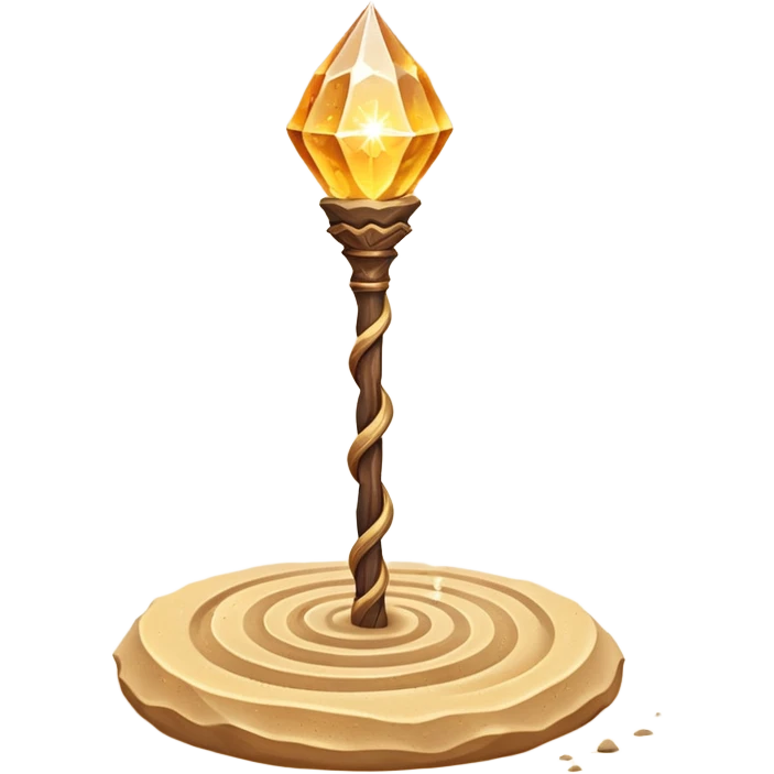 desert sand mage staff object icon, ancient wooden staff, swirling sand crystal on top, glowing golden aura, small floating sand particles, fantasy desert style, 3D cartoon, mobile game icon style, centered, clean background, soft shadow, no text, no watermark
 emoji