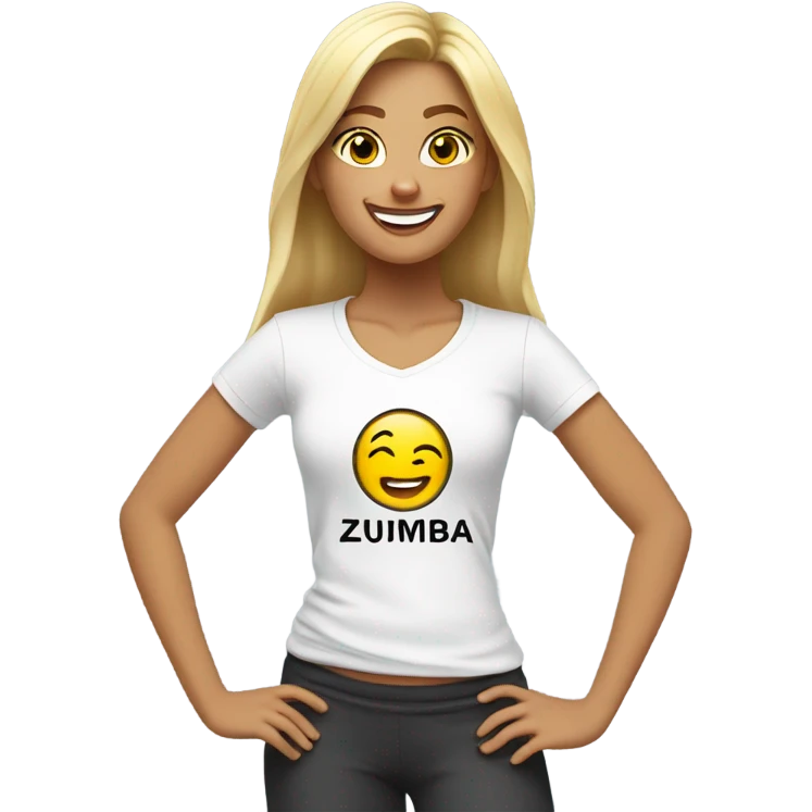 Blond girl smiling in with Zumba logo on white t-shirt emoji