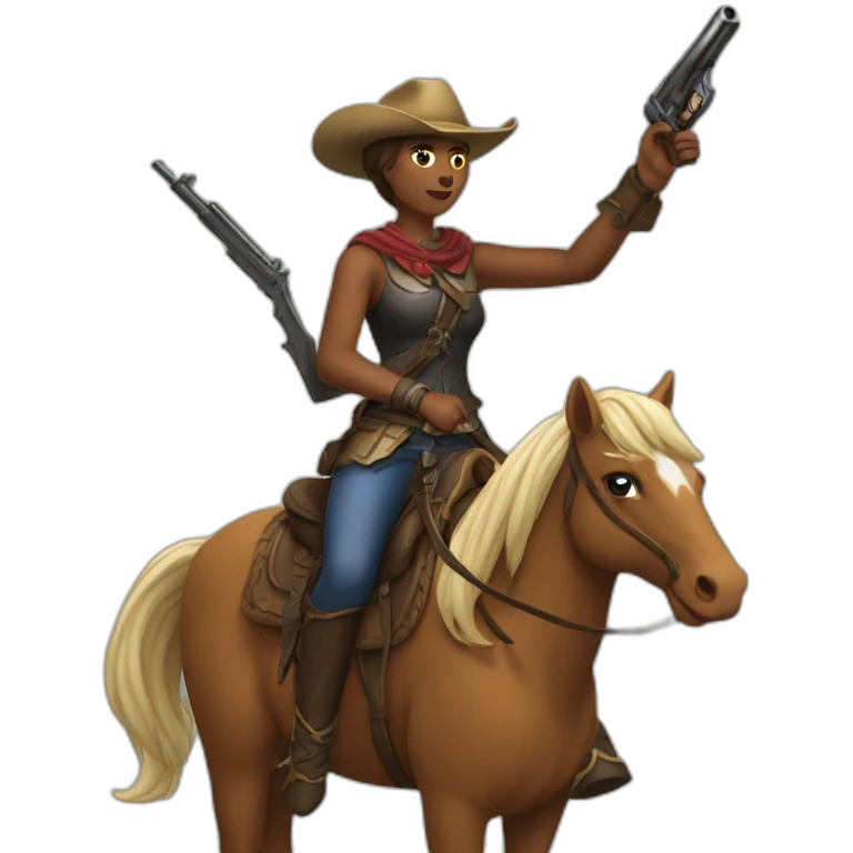 Thushara ridding a horse with a gun emoji