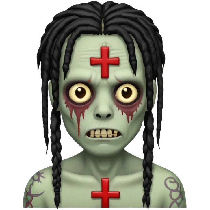 Zombie with black dreads with chinky eyes and a cross tattoo on right cheek emoji
