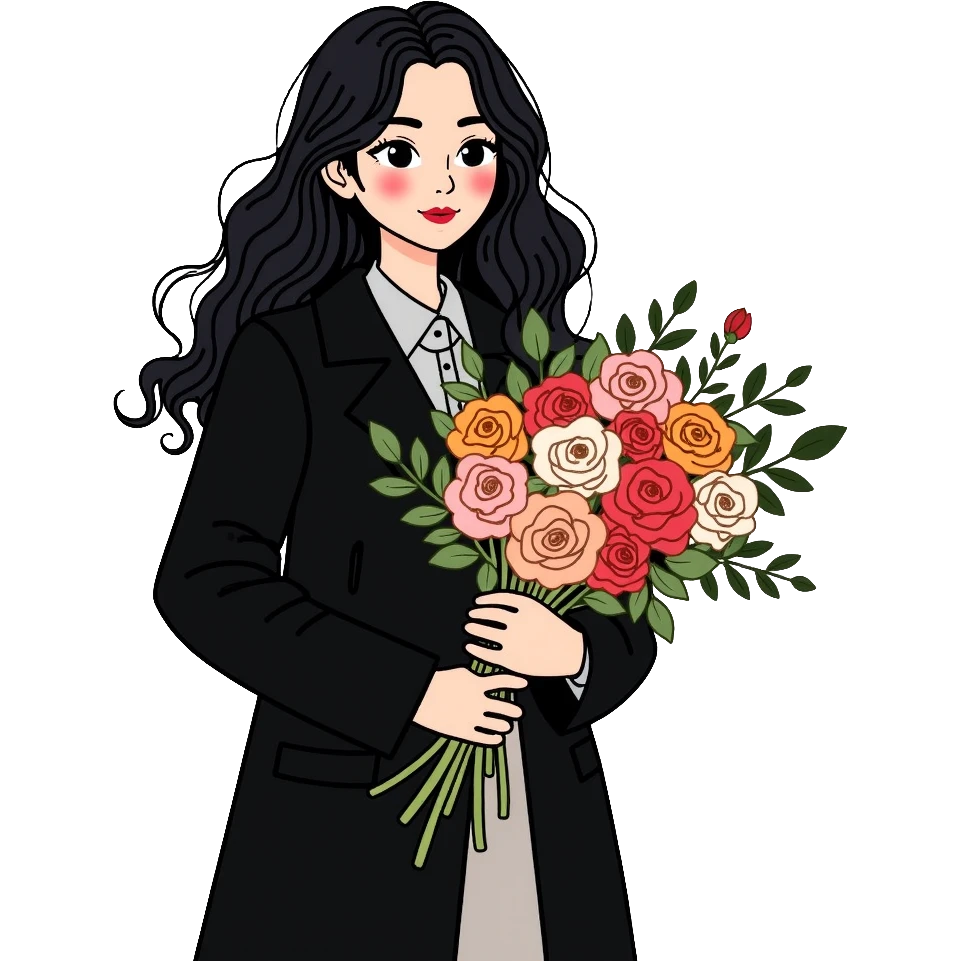 beautiful girl with long black hair wearing a black coat holding a bouquet of flowers emoji