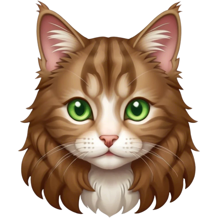 Cute chibi style Maine coon kitty with brown hair with white streaks and green eyes emoji