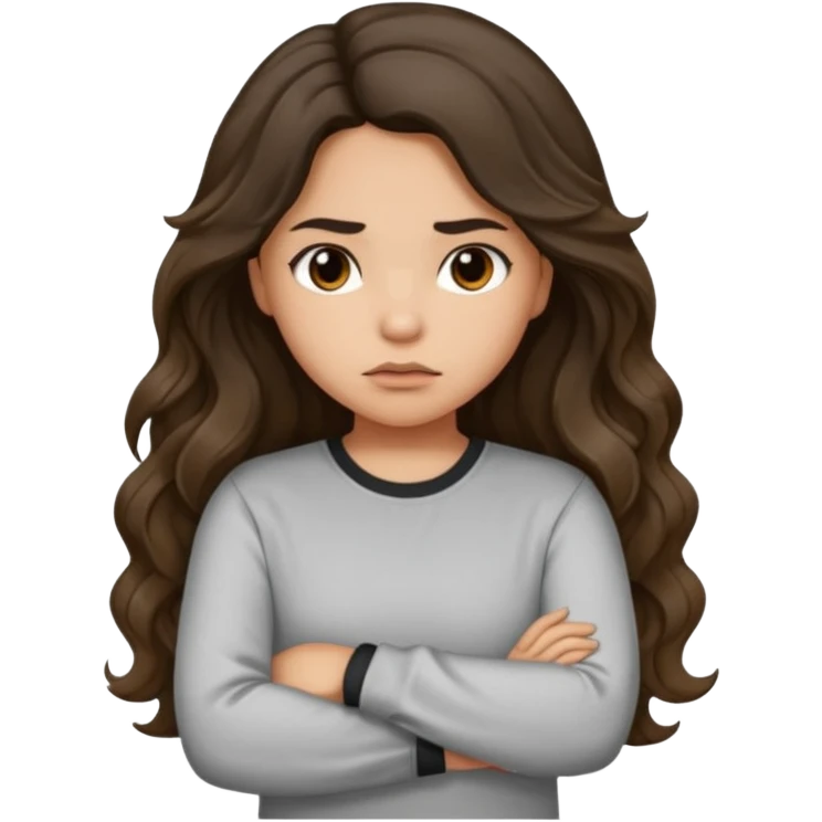 Hispanic light tan girl with long dark wavy hair pouting and arms folded. Wearing a long sleeve. Hair with middle part. emoji