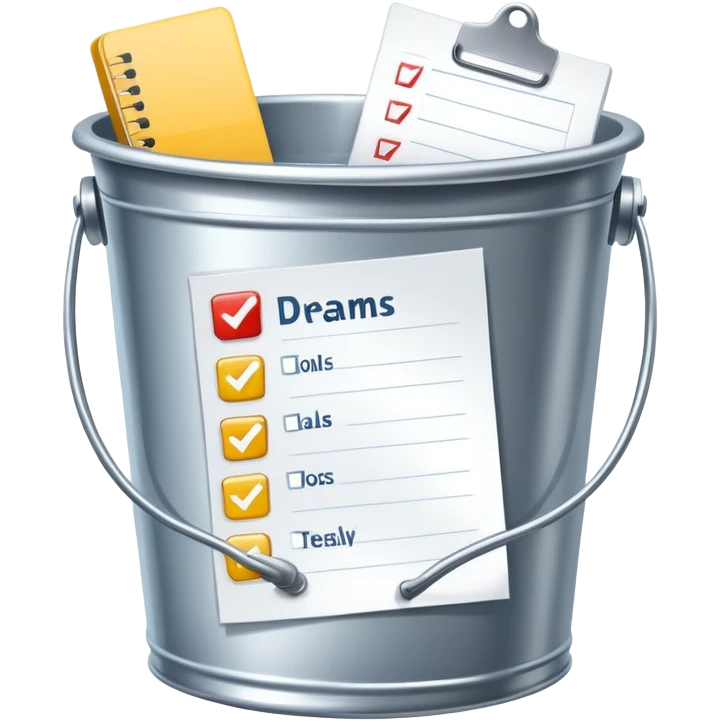 bucket with a checklist or paper inside, cheerful and clear, representing goals or dreams emoji