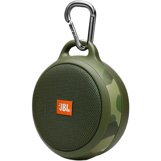 Simple JBL Clip 4 portable speaker with correct round body and built-in carabiner hook, minimal green camo pattern, iOS emoji style emoji