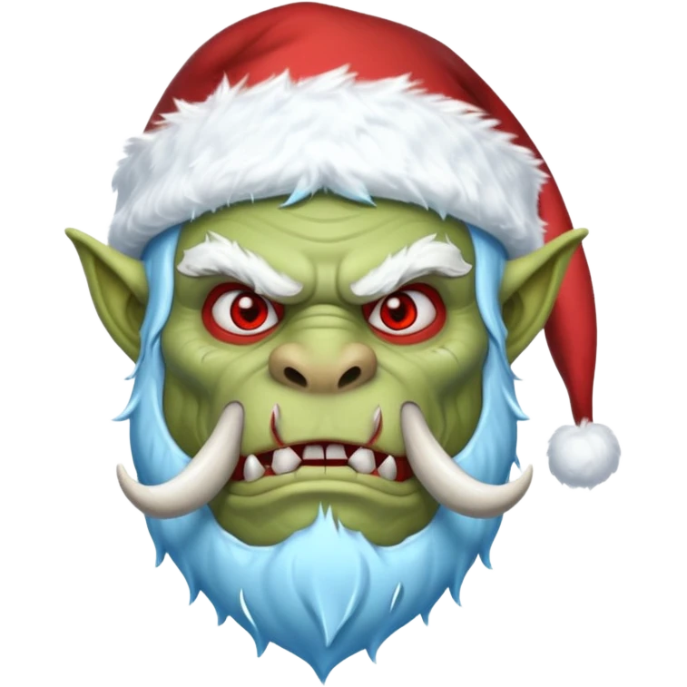 Fantasy orc emoji portrait, Santa Claus hat stretched around tusks, tusks covered with ice and crimson frost cracks, cold predator expression, winter hunt atmosphere, minimal clean emoji design, male/female variant
 emoji