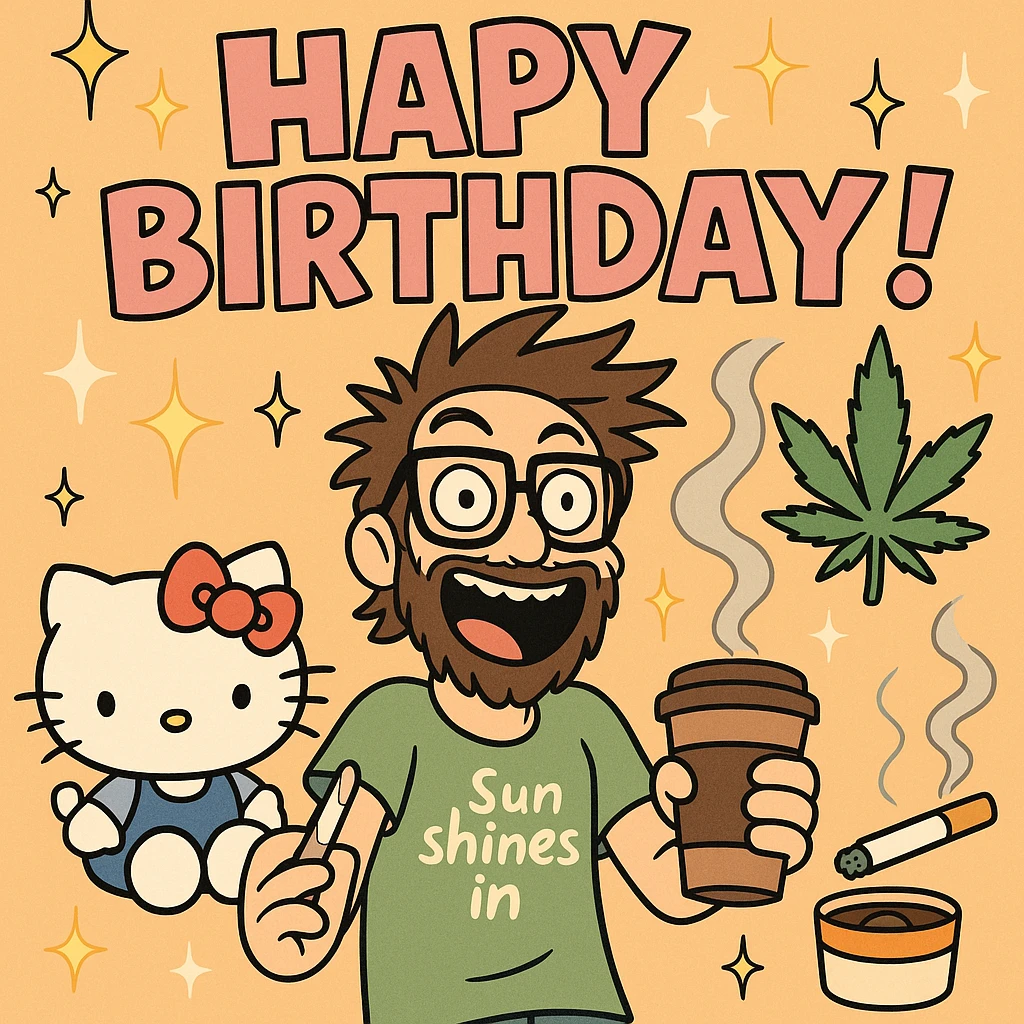maximalist birthday greeting with Hello Kitty, Sunny in Philadelphia, caffeine, nicotine, weed, sparkles, wild cartoon energy emoji