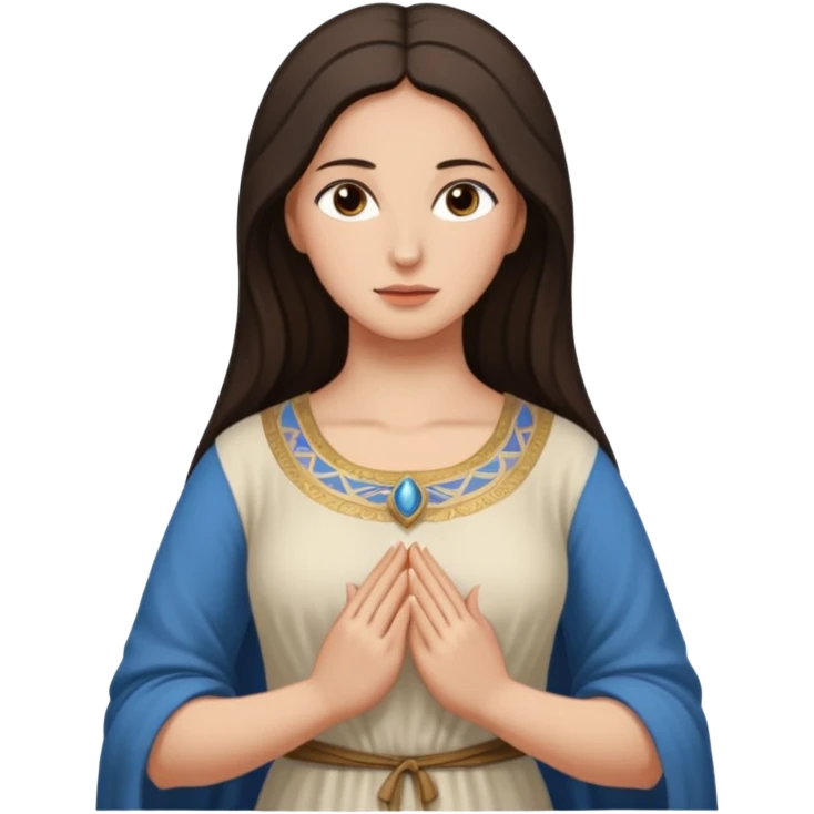 fullbody Mary Magdalene, fit and buxom body, very pretty detailed face, normal height, plain light tan ancient dress, arms down with hands by hips, dark hair emoji