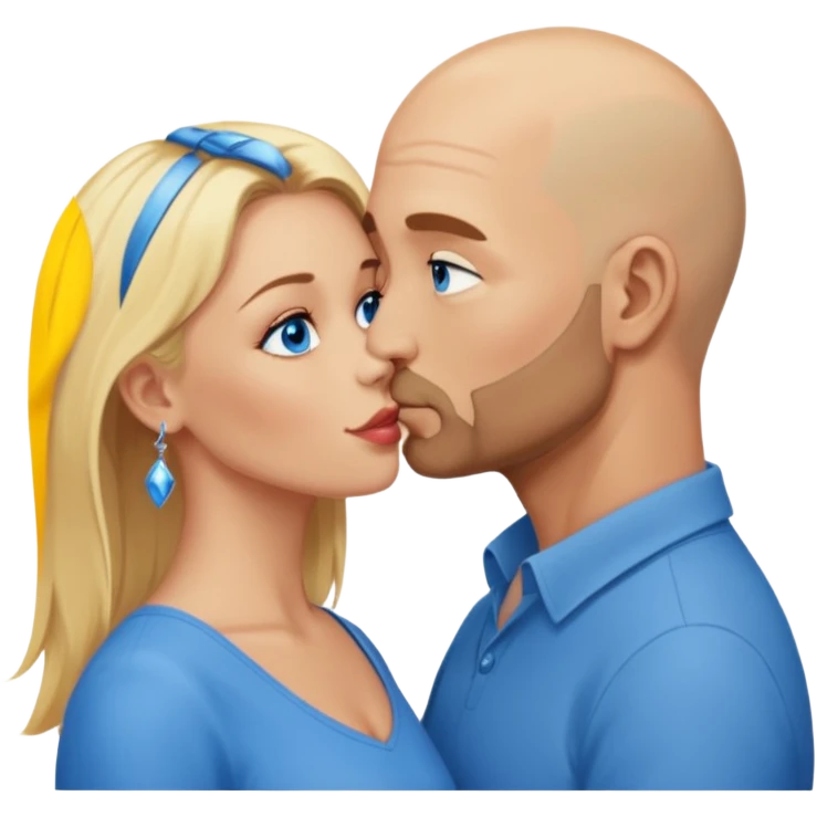 middle age bald man with scruff, blue eyes a.  Kissing blonde woman with blue eyes emoji