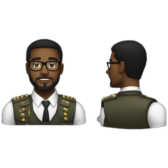 black soldier with beard, part in black hair, white collared shirt, bow tie, gold frame glasses, bulletproof vest  emoji