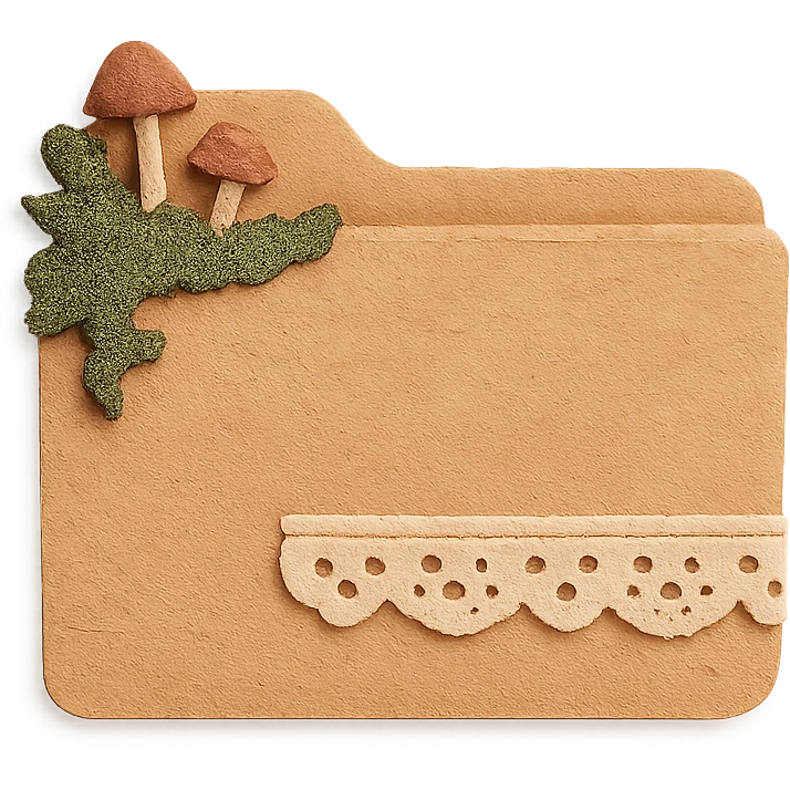 cottagecore style folder icon, cozy vintage folder made of textured paper or wood, decorated with moss, tiny mushrooms, delicate lace, soft earthy tones, peaceful rural cottage atmosphere, no text emoji