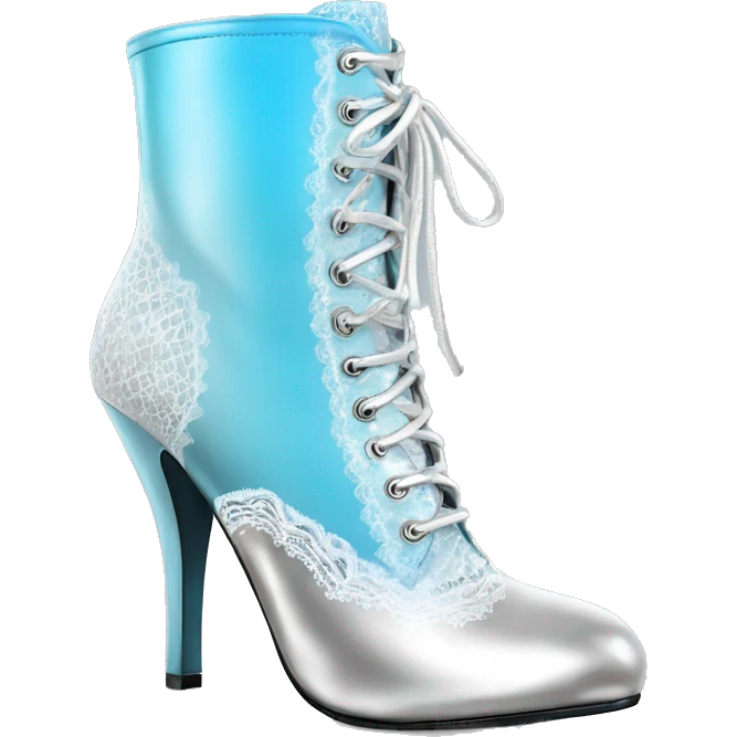 Realistic isolated front view pair of silver to white ombre high heel bootie boots shoes with sky blue lace. emoji