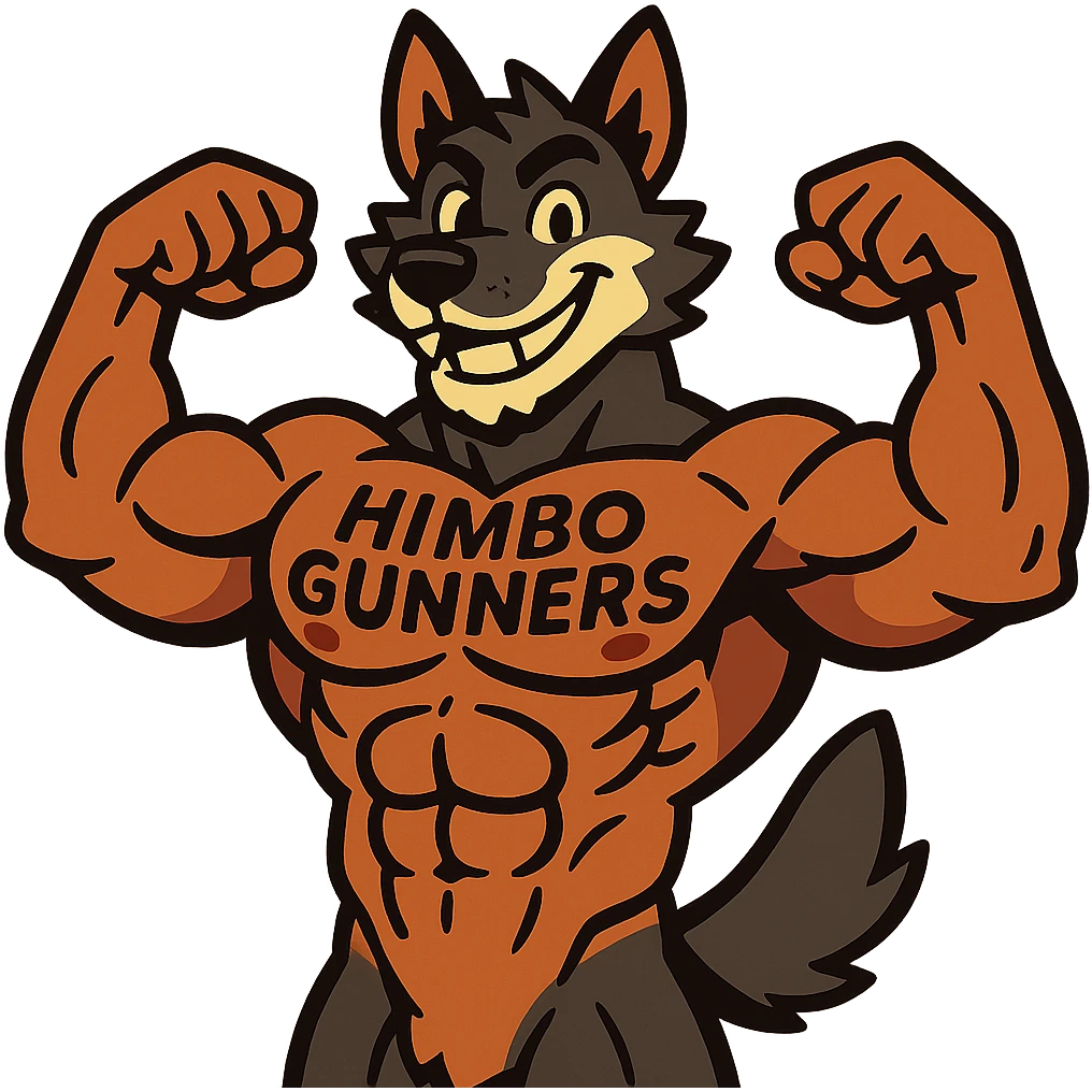 extremely muscular wolf furry, shirtless, 'Himbo Gunners' tattoo across chest, flexing, smiling confidently emoji