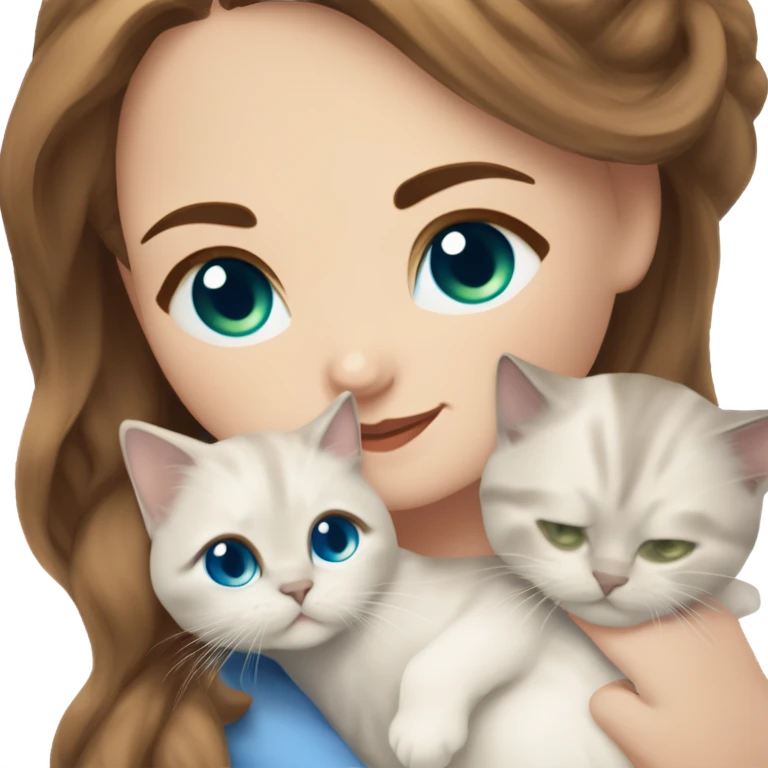 white woman with medium-length brown hair, green eyes and brown freckles on the face under the eyes, holding her sacre de birmanie kitten in her arms with much love, the baby cat has blue eyes, a lot of dark areas on ears and middle of the face. blue eyes emoji