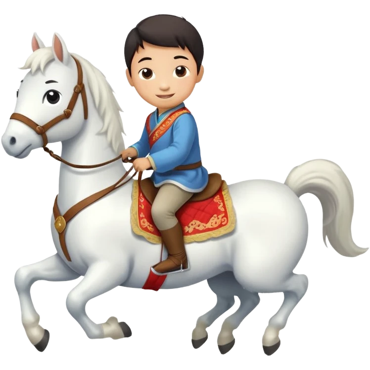 A Chinese little boy is riding a cute white small horse, and the horse is running. The blanket on the saddle says ‘2026.’  (2026 MUST HAVE) 。 emoji