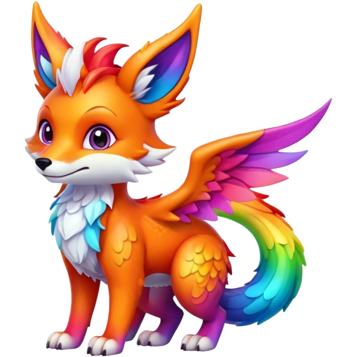 Cartoon Fox dragon hybrid with wings face front full body rainbow colored emoji
