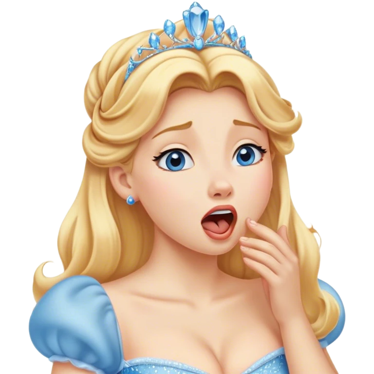 Cinematic Realistic Yawning Cinderella Portrait, showcasing lifelike porcelain skin and intricately detailed golden-blonde hair styled flawlessly as she mid-yawn reveals a moment of tender vulnerability. Her half-closed blue eyes and relaxed expression are rendered with natural, soft lighting that emphasizes the subtle textures of her face and the detailed, flowing fabric of her iconic gown. The scene glows with a cozy, authentic warmth that captures a rare, intimate moment of repose. emoji