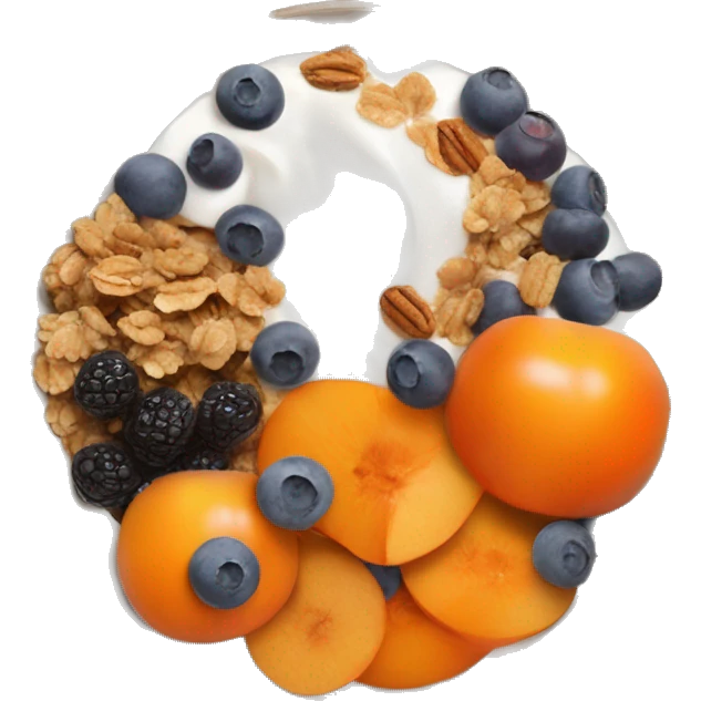 fruit bowl with persimmons, yogurt, chocolate chips, blueberries and granola emoji