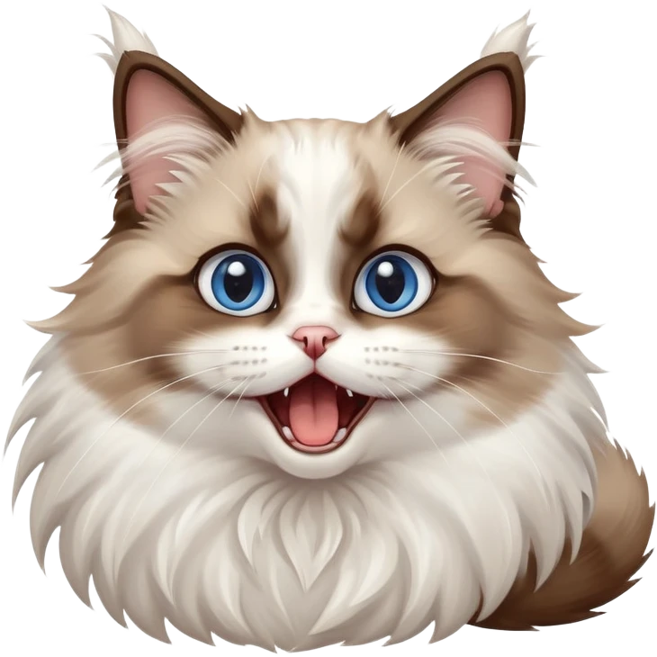 cinematic-adorable-big-eyed-fluffy-brown and white ragdoll-cat-portrait-emoji,-head-tilted-playfully-with-a-cute,-yawn,-soft-brown-and white-colored-fur-with-darker-points-on-the-ears,-simplified-yet-irresistibly-cute-features, sparkling blue eyes emoji