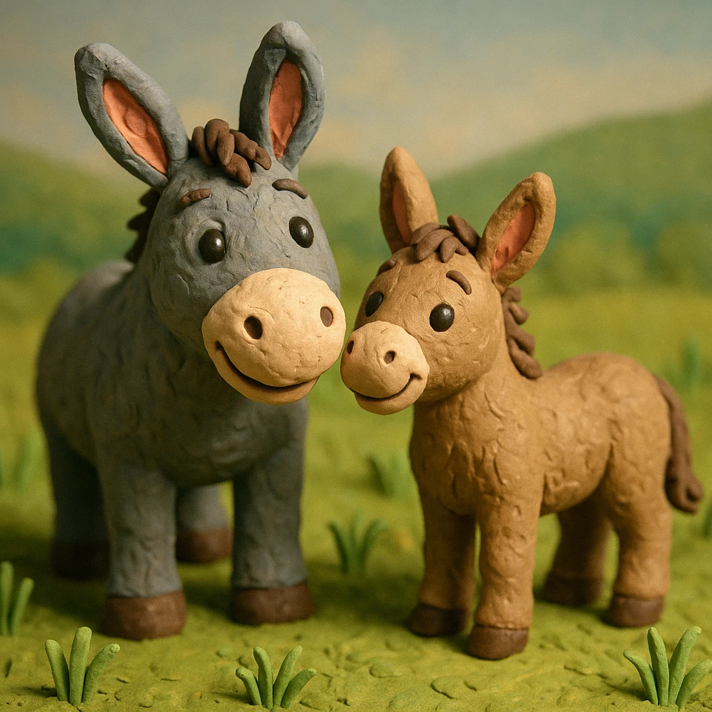 donkey and foal together, cute and cheerful, detailed fur, in a grassy meadow, claymation style emoji