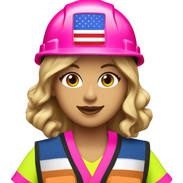 Taylor Swift is a construction worker wearing a neon pink safety vest, hard hat and ear muffs with a patriotic patch on her vest. The background image is of the patriotic flag  emoji