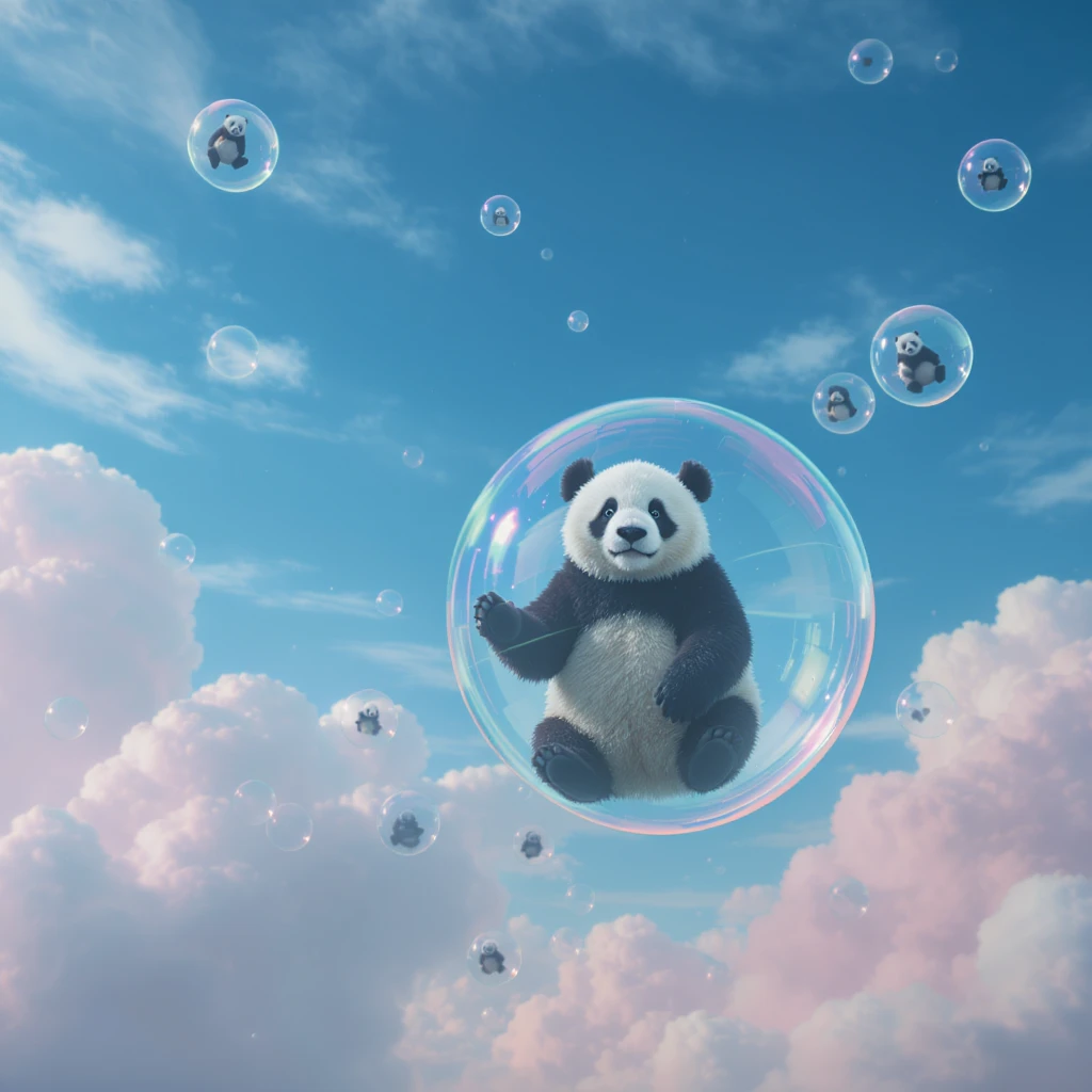 Minimalistic Cinematic still of pandas bears sitting inside flying bubbles, blue sky filling background , pink clouds emoji